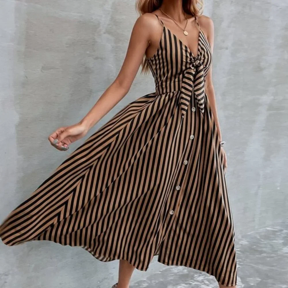 BOHO DOLLZ Striped peekaboo knot front cami dress - Picture 1 of 7